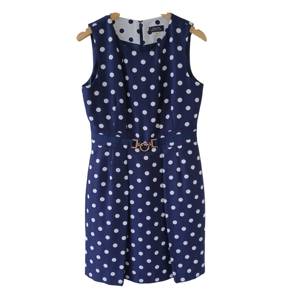 Tahari Arthur S Levine Navy White Polka Dot Sheath Dress Gold Buckle Sz 8